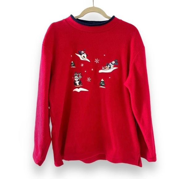Vintage Red Fleece Snowman Embroidered Sweatshirt Women's Size Large Winter - Picture 1 of 15